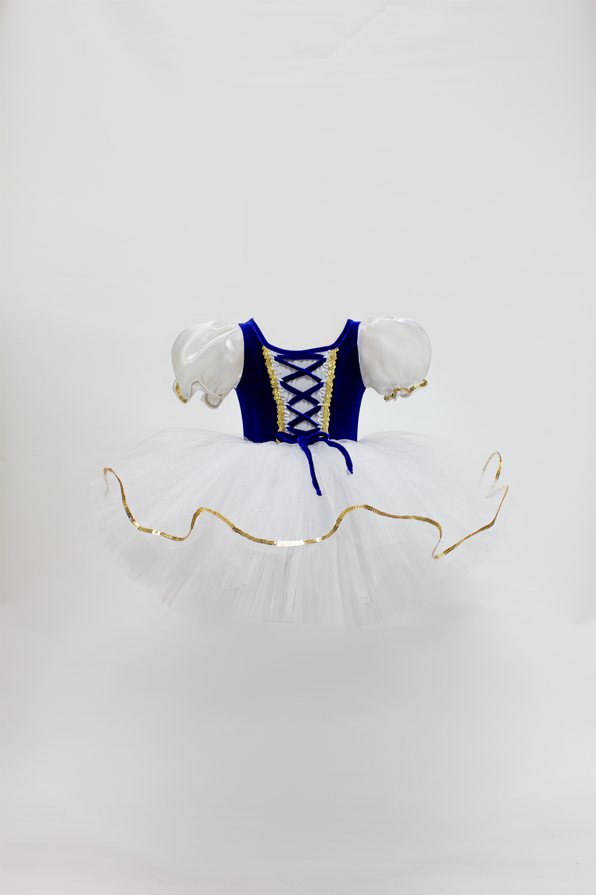 Ballet dress with blue bodice and white skirt on a white background
